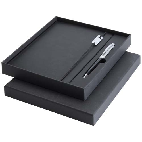 Ensemble carnet A5 et stylo roller promotionnel Legato Elegance noir / blanc